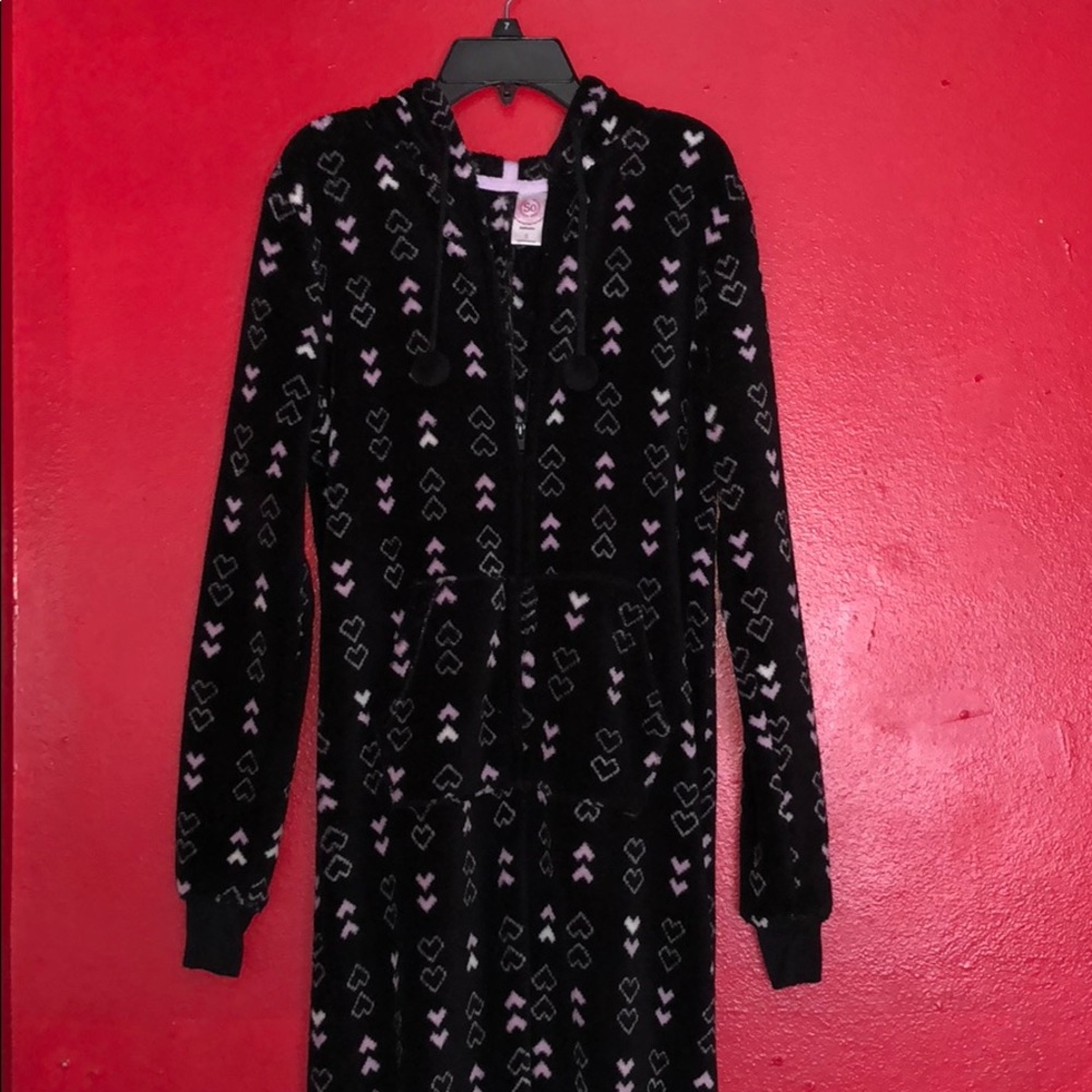 “SO” small  black and pink heart fuzzy onesie